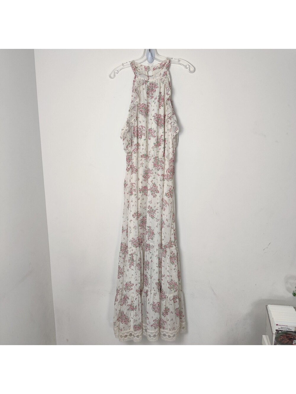 Wallis Petite Floral Metallic Shimmer Lace Trim Halter Tiered Maxi Dress US 14